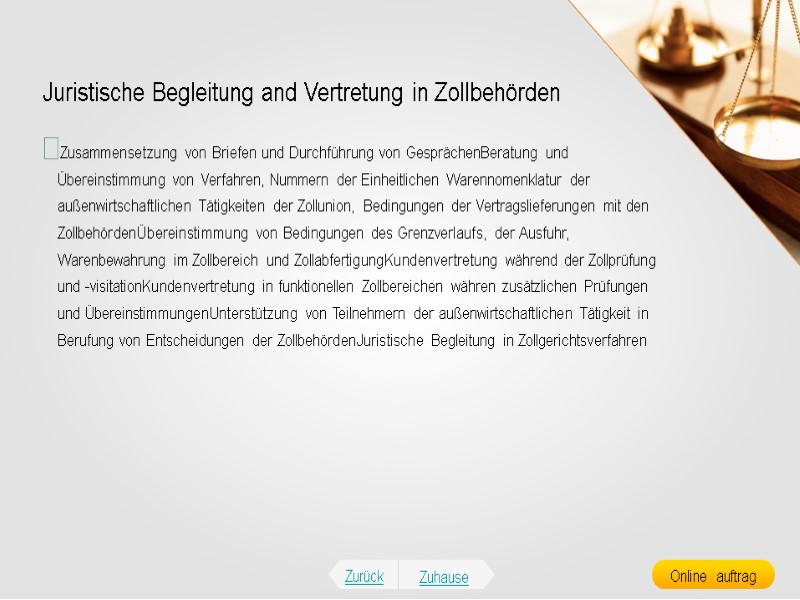 Juristische Begleitung and Vertretung in Zollbehörden Zusammensetzung von Briefen und Durchführung von GesprächenBeratung und